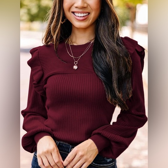 DEEP SELF Womens Long Sleeve Sweaters Ruffle - Picture 2 of 6